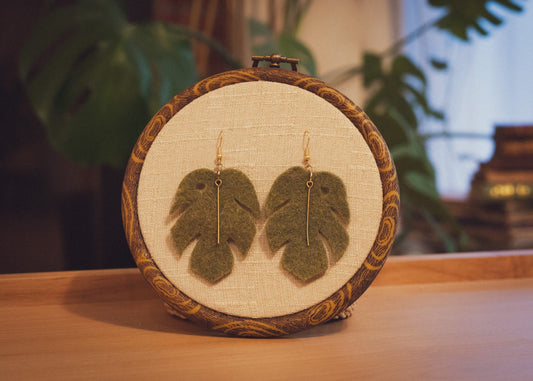 Jade Monstera Leaf Felt Earrings