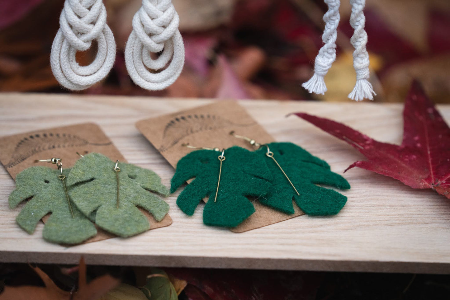 Jungle Monstera leaf felt earrings next to 3 other Botanique earrings on an autumn display